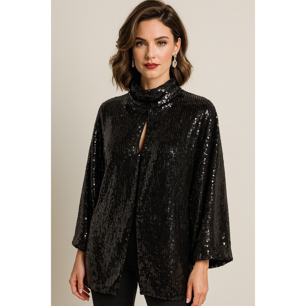 VTG‎ 100% Silk L Beaded Sequin Jacket Black Evening Cocktail Candlelight Matrix